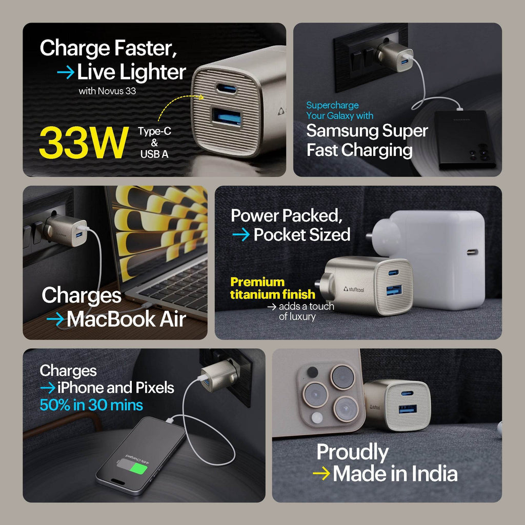 Stuffcool Novus 33W Gan Charger With Titanium Finish - The Digital Hub